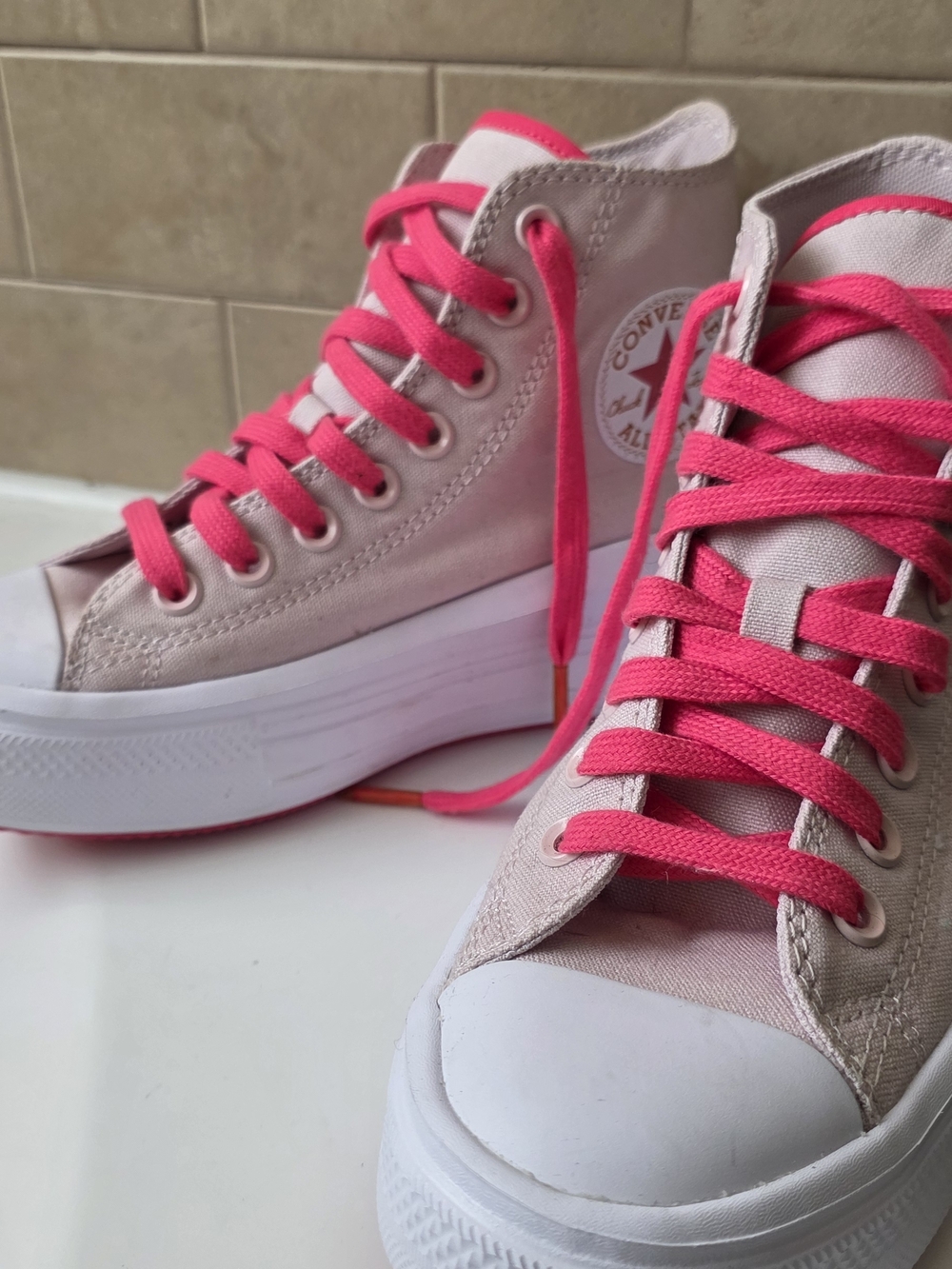 Converse High Top Platform Sneakers - Light Pink with Hot Pink Laces
